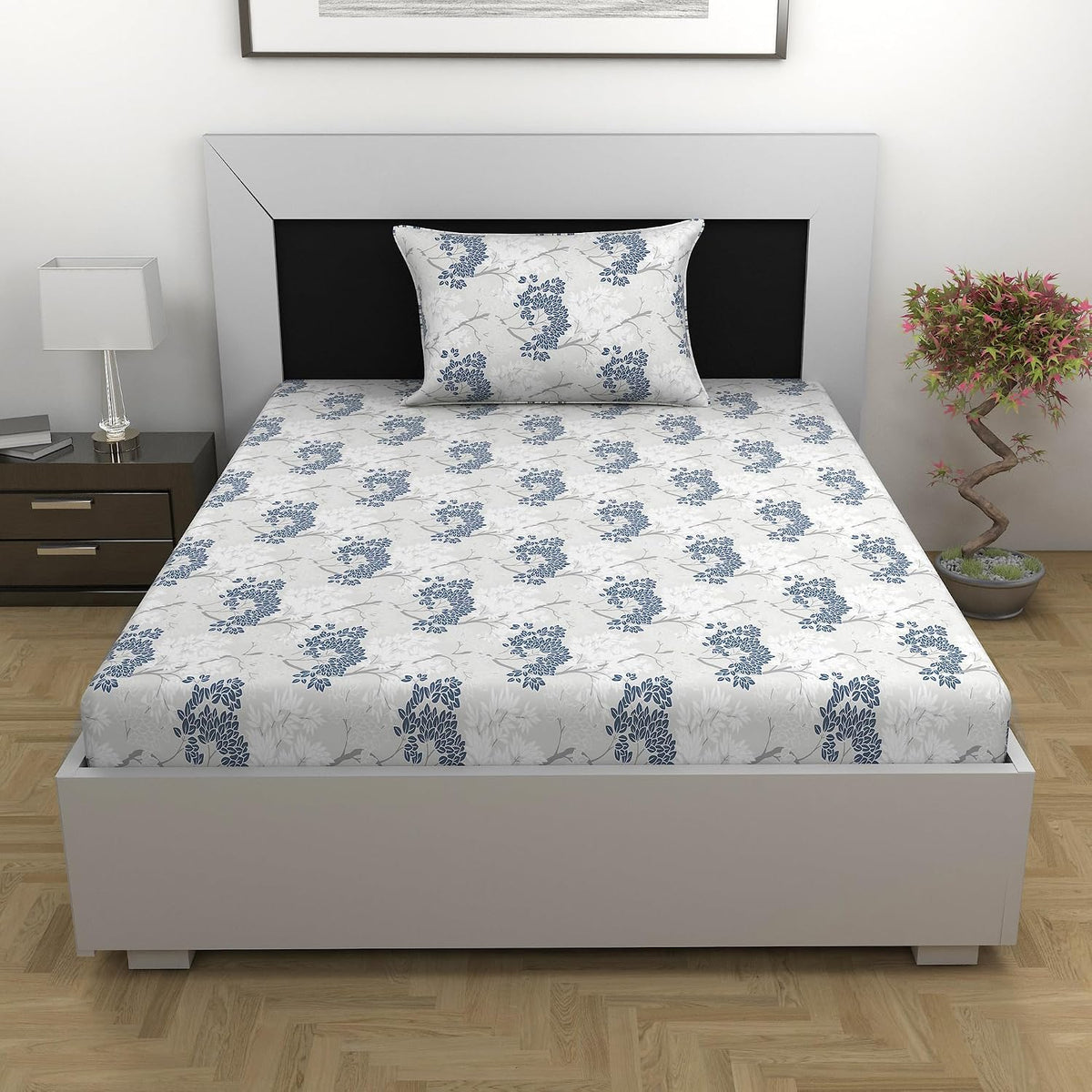 100% Cotton Single Bedsheet With 1 Matching Pillow Covers - 57 X 87 Inches, Grey & Blue | All Weather Comfort & Bedroom - Softness & Natural Breathability