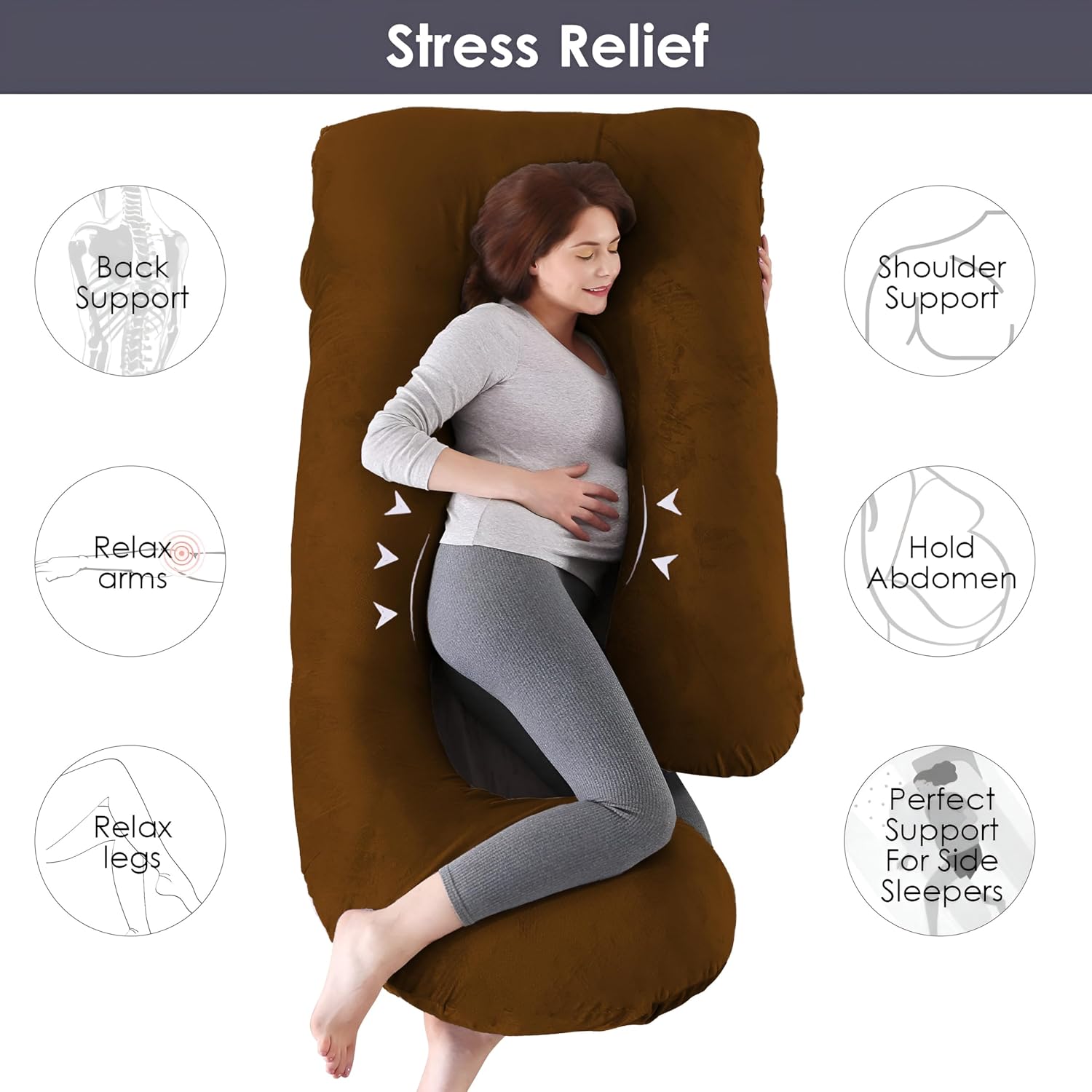 Pregnancy Pillow, Maternity Body Pillow For Sleeping, G Shaped Pillow, Brown - 55 Inch | Full Body Pillow, Pregnancy Pillow For Pregnant Women, Lightweight, Adjustable, Removable Cover