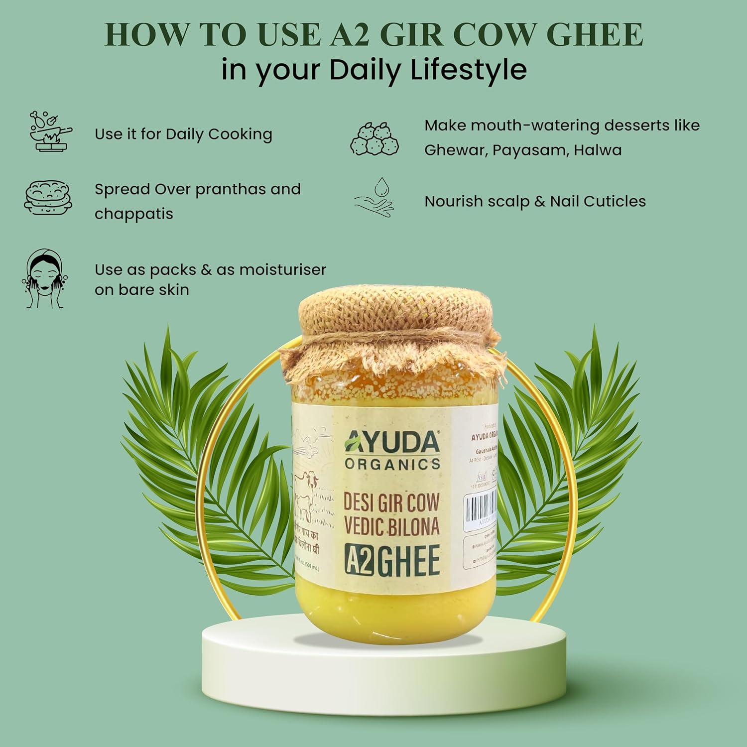 100% Natural A2 Desi Cow Ghee By Ayuda | Traditional Homemade Curd Churned Healthy Pure Desi Ghee Good For Boost Immunity | (1 Litr) 33.8 Ounce | Jar Pack