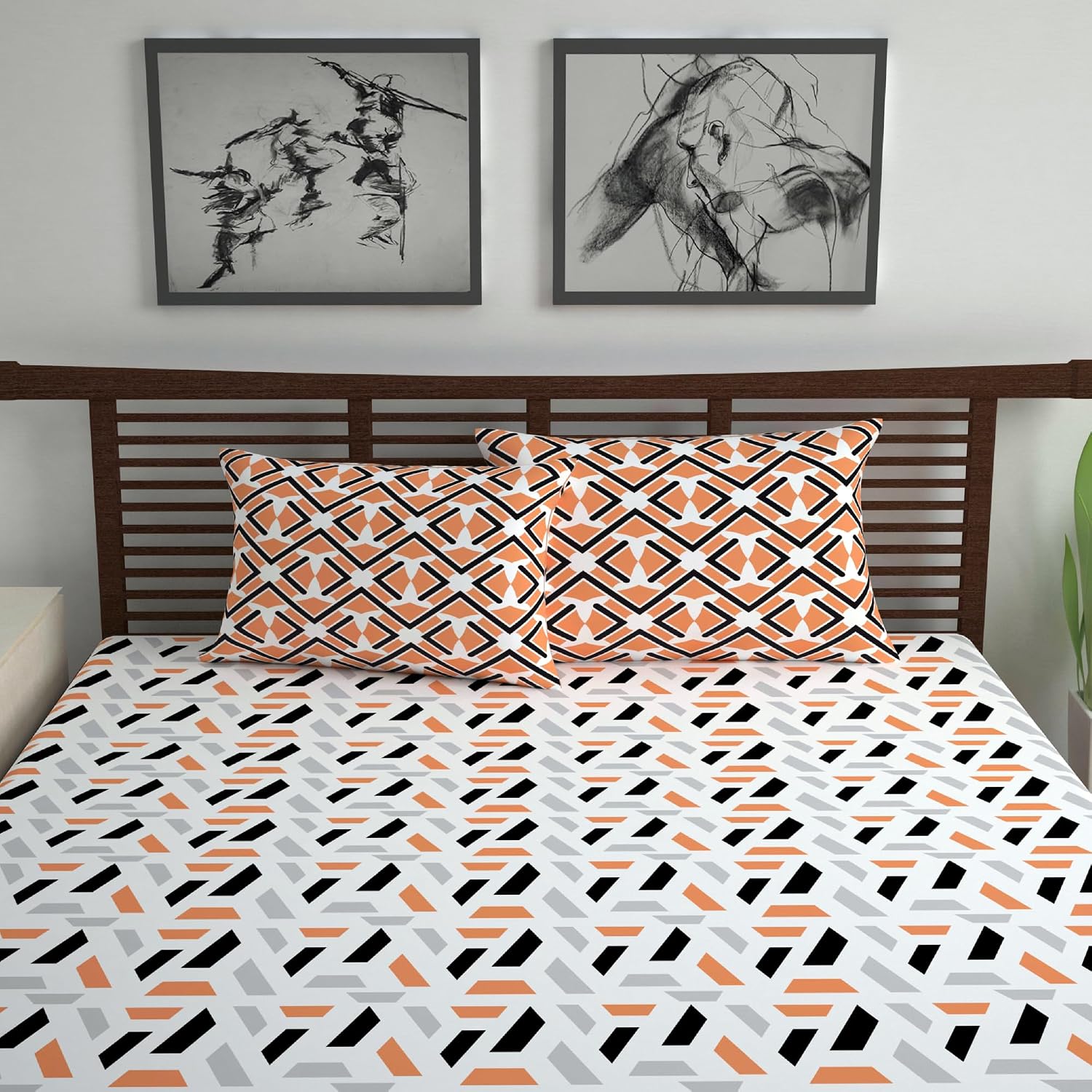 Cotton Double Bedsheet With 2 Pillow Covers | 87 X 100 Inches, White & Peach - Soft & Breathable Fabric | Comfortable For Daily Use