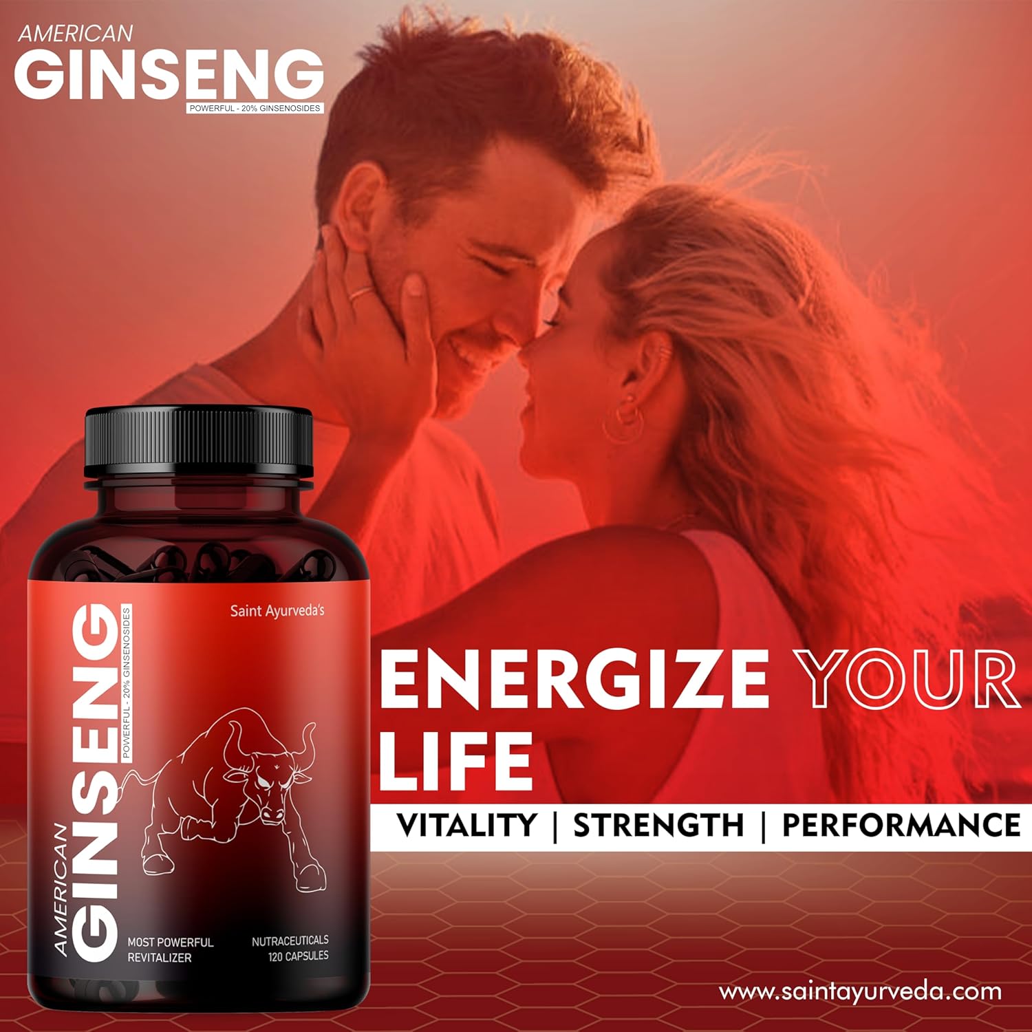 Saint Ayuveda American Ginseng Root Extract With Bio - Piperine, 1000mg Supports Energy, Vitality & Strength, For Men & Women | 120 Capsules 200gm 0.4lbs