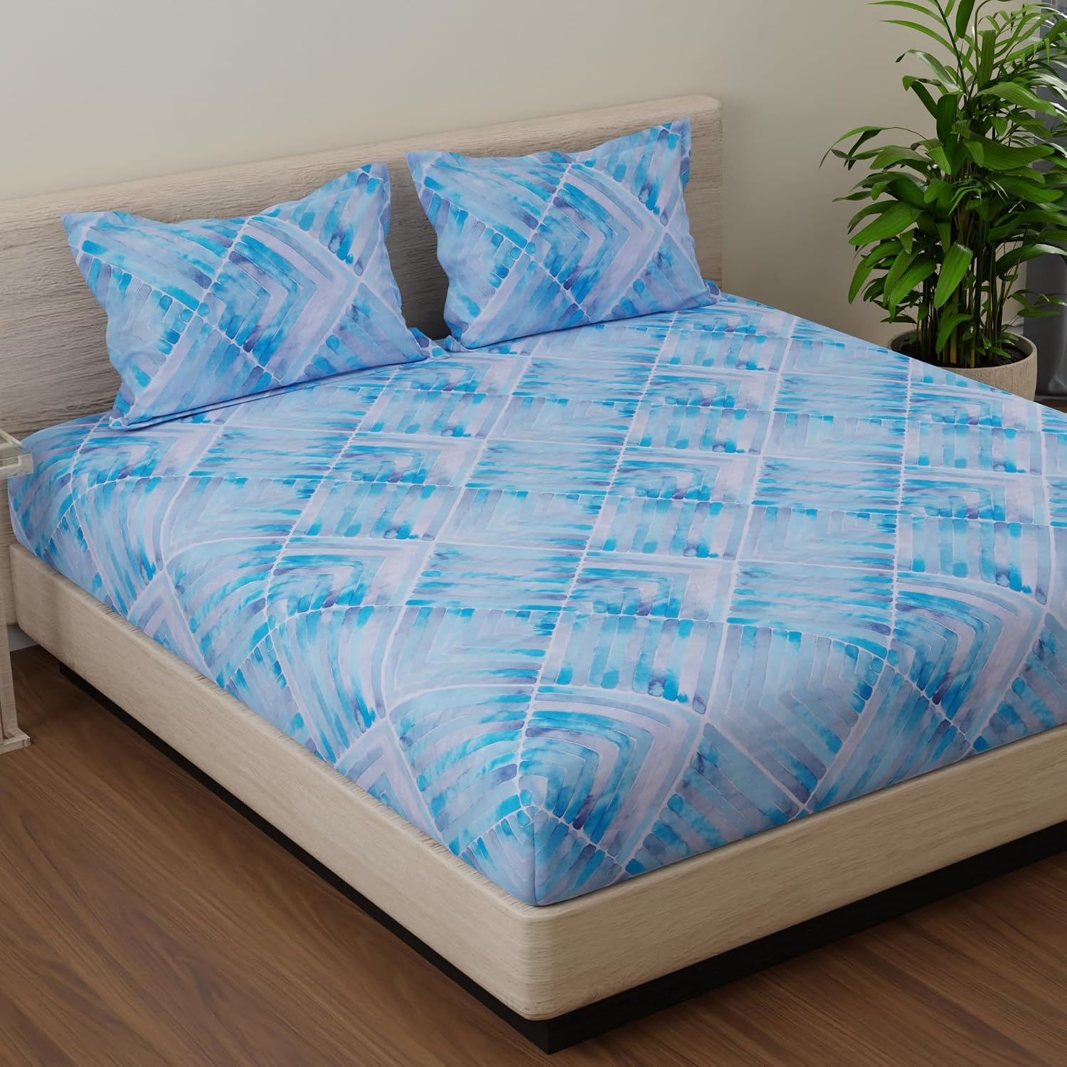 Flat 1 King Size Bedsheet With 2 Pillow Covers - 110 X 108 Inches, Grey & Blue | Soft & Comfortable Feel To Your Skin | Machine Wash In Cold Water