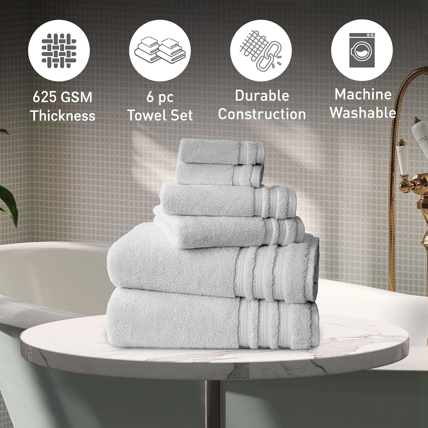 Mytrident Finesse 100% Cotton 2 Bath + 2 Hand & 2 Face Towels 1800 Gsm (Grey) -6 Piece