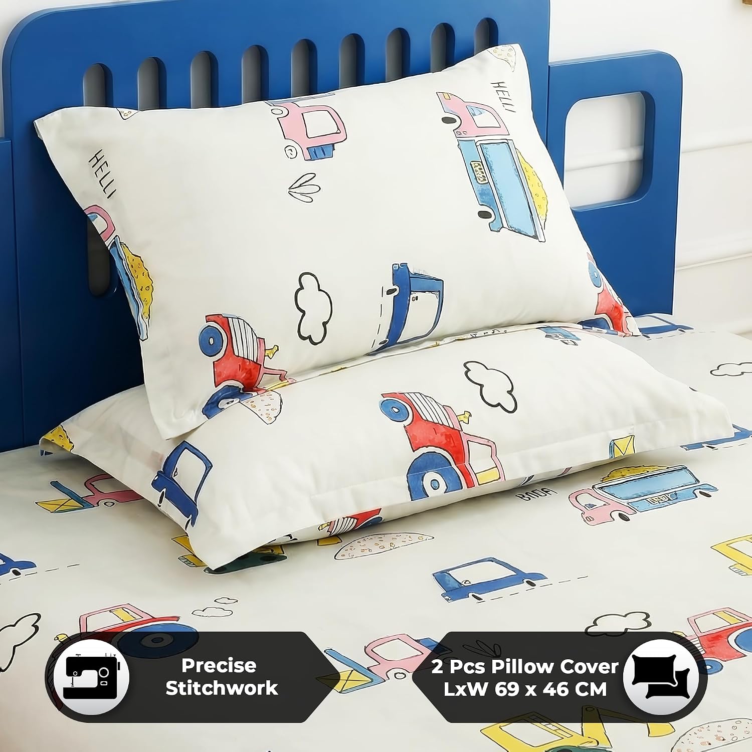Kids Double Bed Bedsheet Set With 2 Pillow Covers - 88 X 100 Inches, Cream & Blue | Soft Bedding For Boys & Girls | Cartoon Design