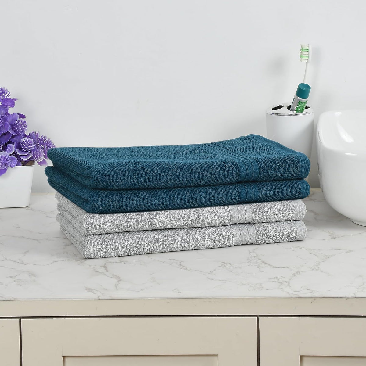 Fresh From Loom Luxury Fur Collection Hand Towel 500 Gsm Napkins Cotton High Absorbency Double Stitched Size (Denim & Light Grey) - Set Of 4