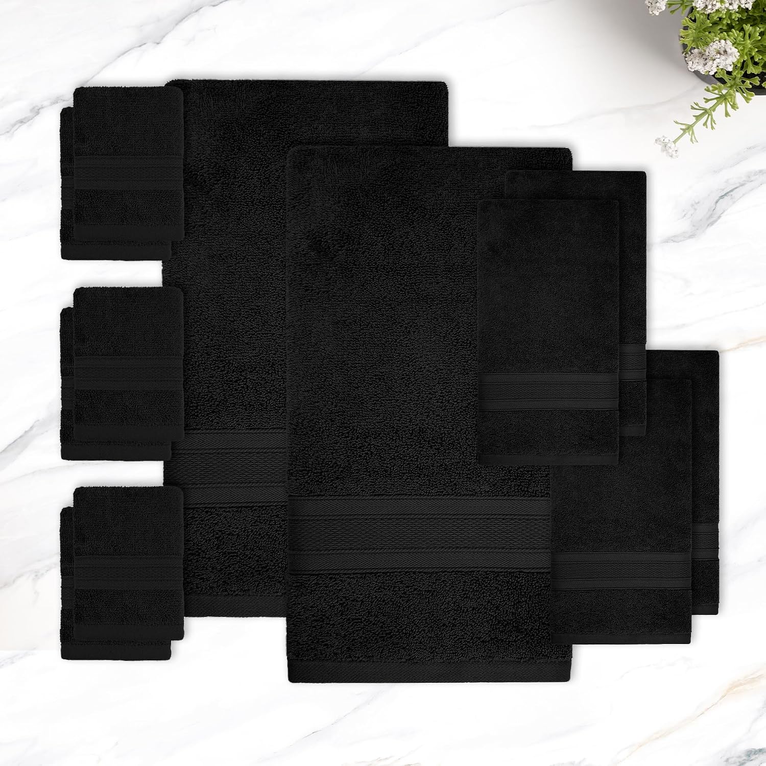 Trident Soft Comfort Air Rich Bath Towels 500 Gsm | 100% Cotton Towel, Super Soft, Highly Absorbent, 12 Pieces (Black)