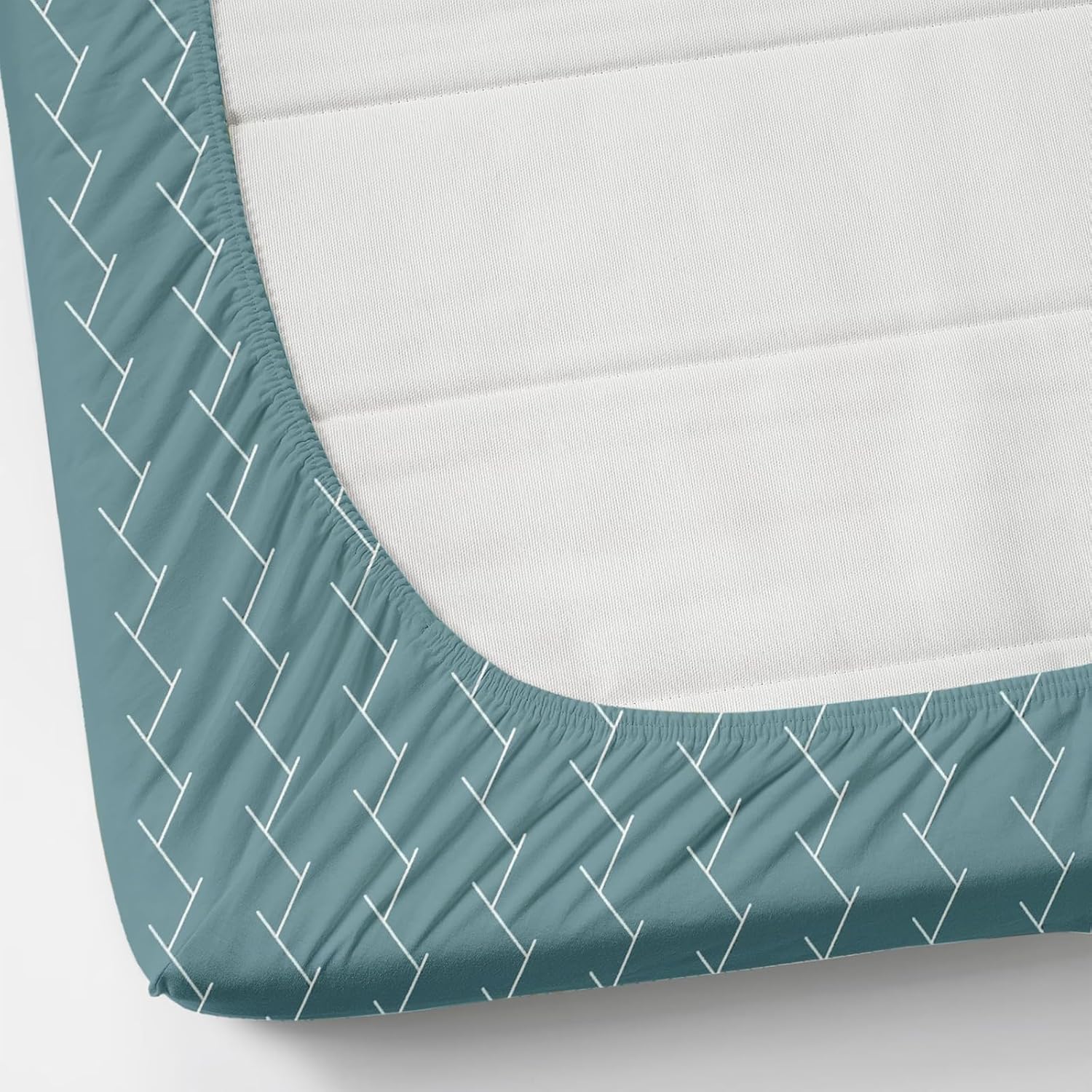 Pure Cotton Full Elastic Fitted Bedsheets For Double King Size Bed With 2 Pillow Covers | 72x78+10 Inches, Teal & White | Super Soft Brushed Glace | Breathable & Wrinkle Free
