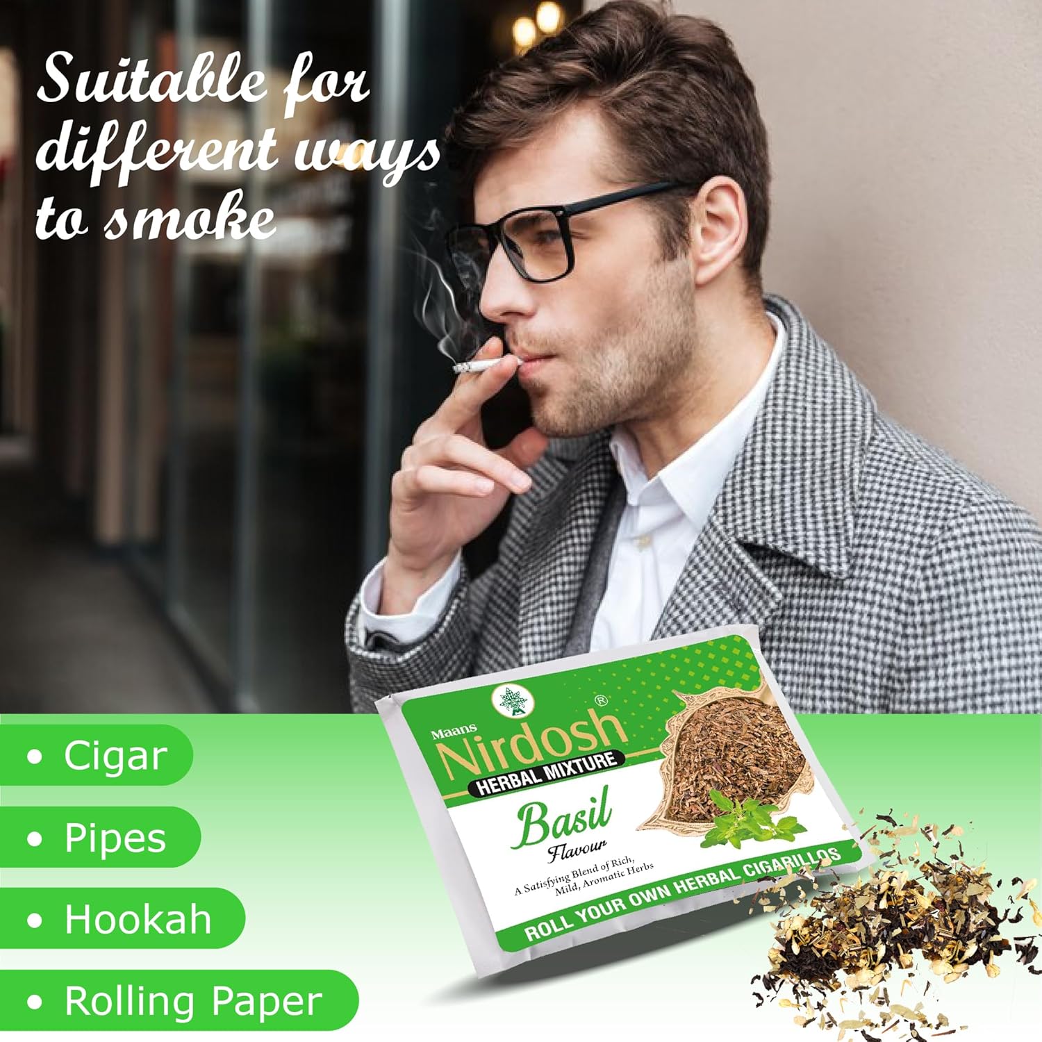 Organic Herbal Raw Mixture With Basil Flavour - Pack Of 4X 50gm | Roll Your Own Herbal Cigarillos - Smoking Mixture With Ayurvedic Herbs Clove | Tobacco Free & Nicotine Free