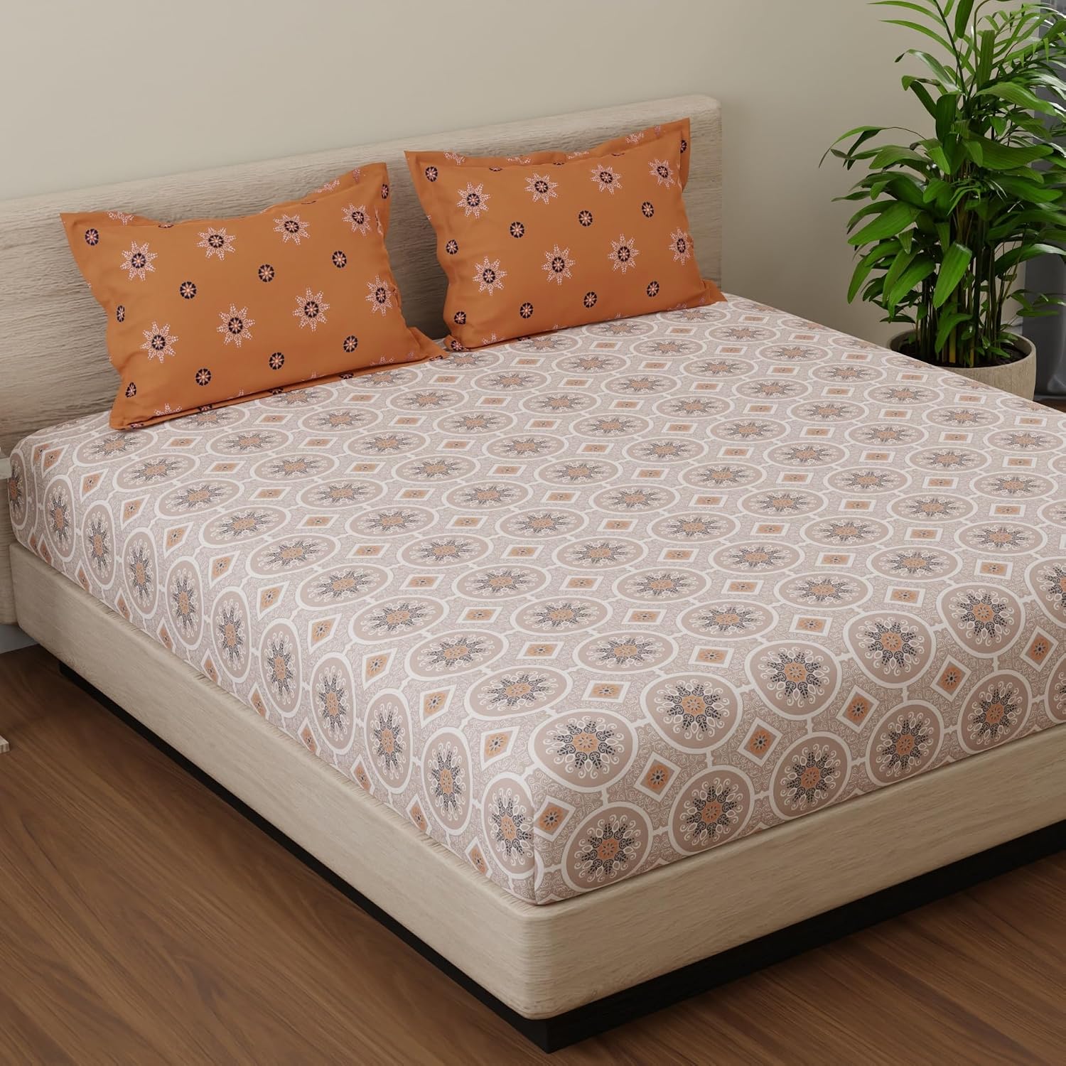 Bedsheet For King Size With 2 Pillow Cover - 108 X 108 Inches, Orange & Brown | Suitable For All Weather Season - 4 Pcs Bedding Set