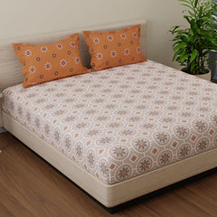 Bedsheet For King Size With 2 Pillow Cover - 108 X 108 Inches, Orange & Brown | Suitable For All Weather Season - 4 Pcs Bedding Set
