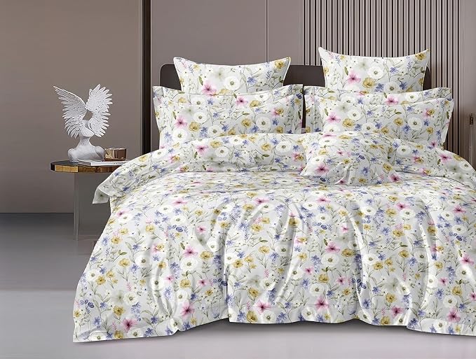 Microfiber Super King Size Bedsheet Floral Print With 2 Pillow Covers - Bedsheet Size 108 X 108 Inches, White | Long-lasting 220 (Thread Count) Bedsheet