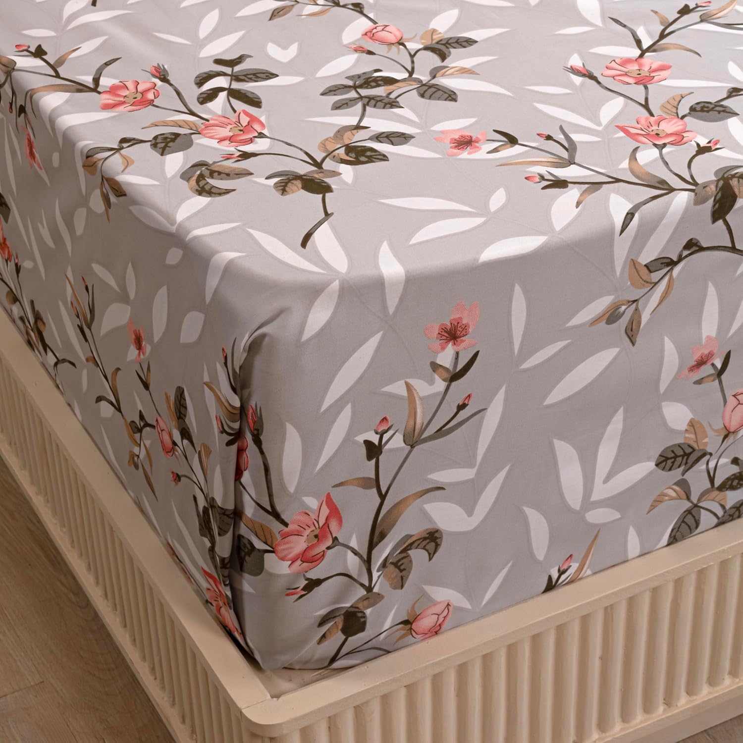Cotton Bedsheets For Double Bed With 2 Pillow Covers - 90 X 100 Inches, Grey & Peach | Luxurious Printed Bed Sheets | Comfort Fabric Home