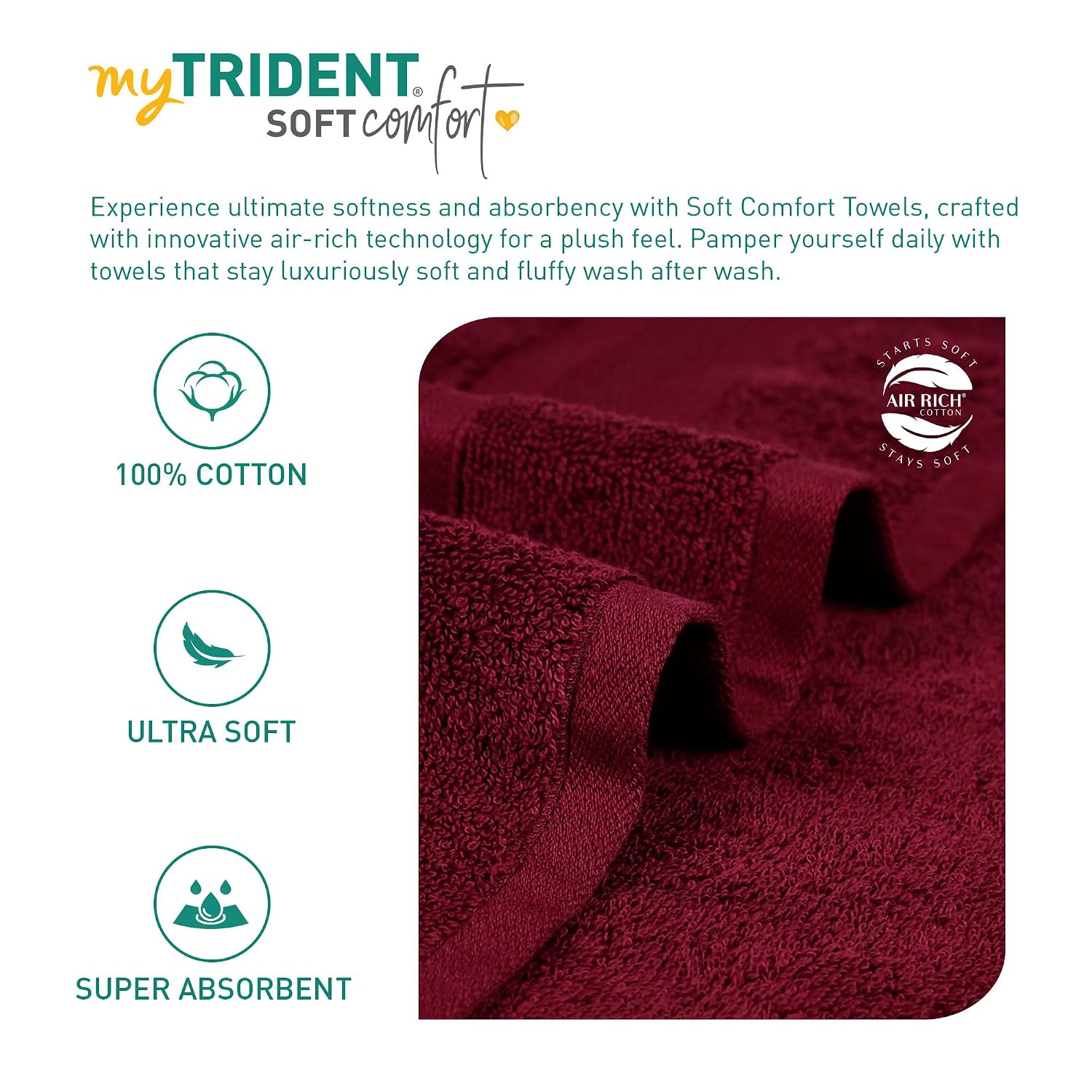 Trident Soft Comfort Air Rich 100% Cotton Bath Towels 500 Gsm | Large Size Bathroom Towels For Men/Women (Red Wine)