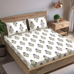 Elastic Fitted Bedsheet For King Size With 2 Pillow Cover - 78 X 84 Inches, Cream & Purple | Soft & Luxury Bed Sheet-Breathable & Comfortable Bedsheet