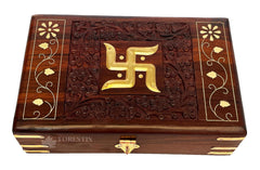 Exquisitely Hand Brass - Filled Wooden Swastik Box For Good Luck| Jewellery Box, Handmade Decorative Case, Vanity Organiser For Women, Girls, Necklaces, Gold 8 X 5 Inches, Tombs