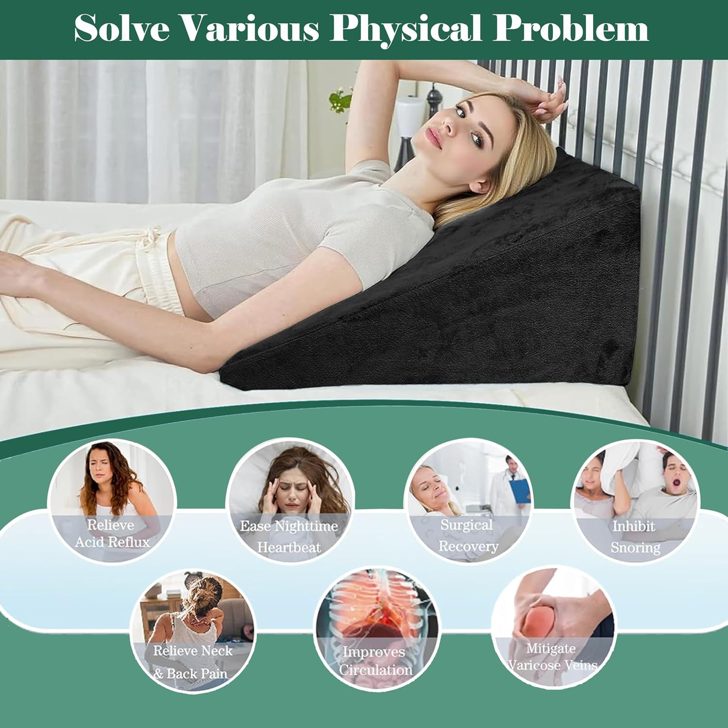 Wedge Pillow, Back Support Pillow For Neck Pain, Medium Firm, Black Color | Pillow For Headaches, Reflux, Shoulders, Back Pain & High Resilience, Velvet Fabric, Adjustable Pillow - Pack Of 1