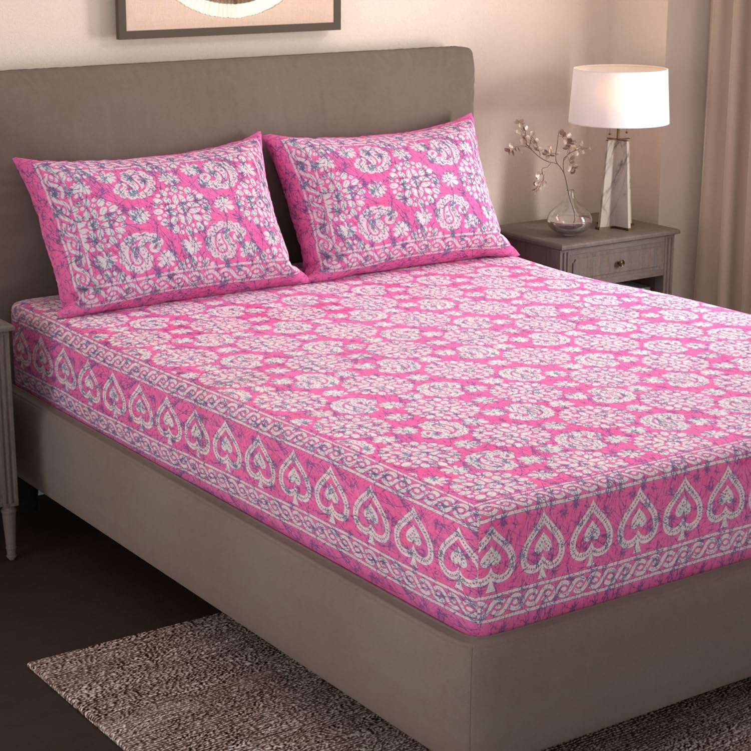 Handloom Printed Double Bedsheet For Queen Size With 2 Matching Pillow Cover | Size 90 X 100 Inches, Light Pink - Cotton Bedsheets For Double Bed | Soft & Smooth