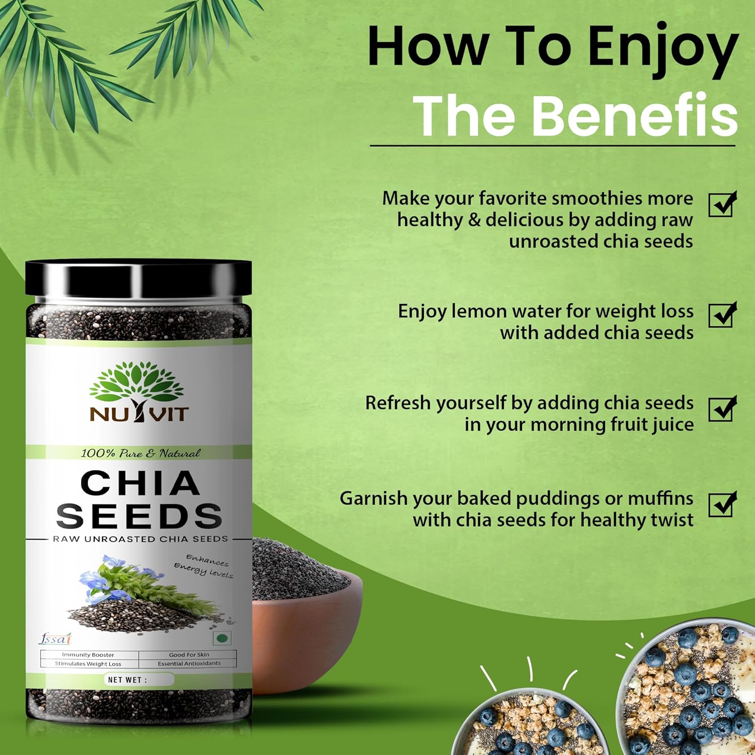 Nutvit 100% Pure & Natural Chia Seeds, Rich In Omega -3 & Fibre, Healthy Snacks For Weight Loss Management | 200gm 0.4lbs