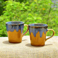 Studio Pottery Flow Design Ceramic Coffee Mugs Set Of 2 - 300ml Each, Golden | Milk Mugs - Chai Cups - Tea Cups & Mugs