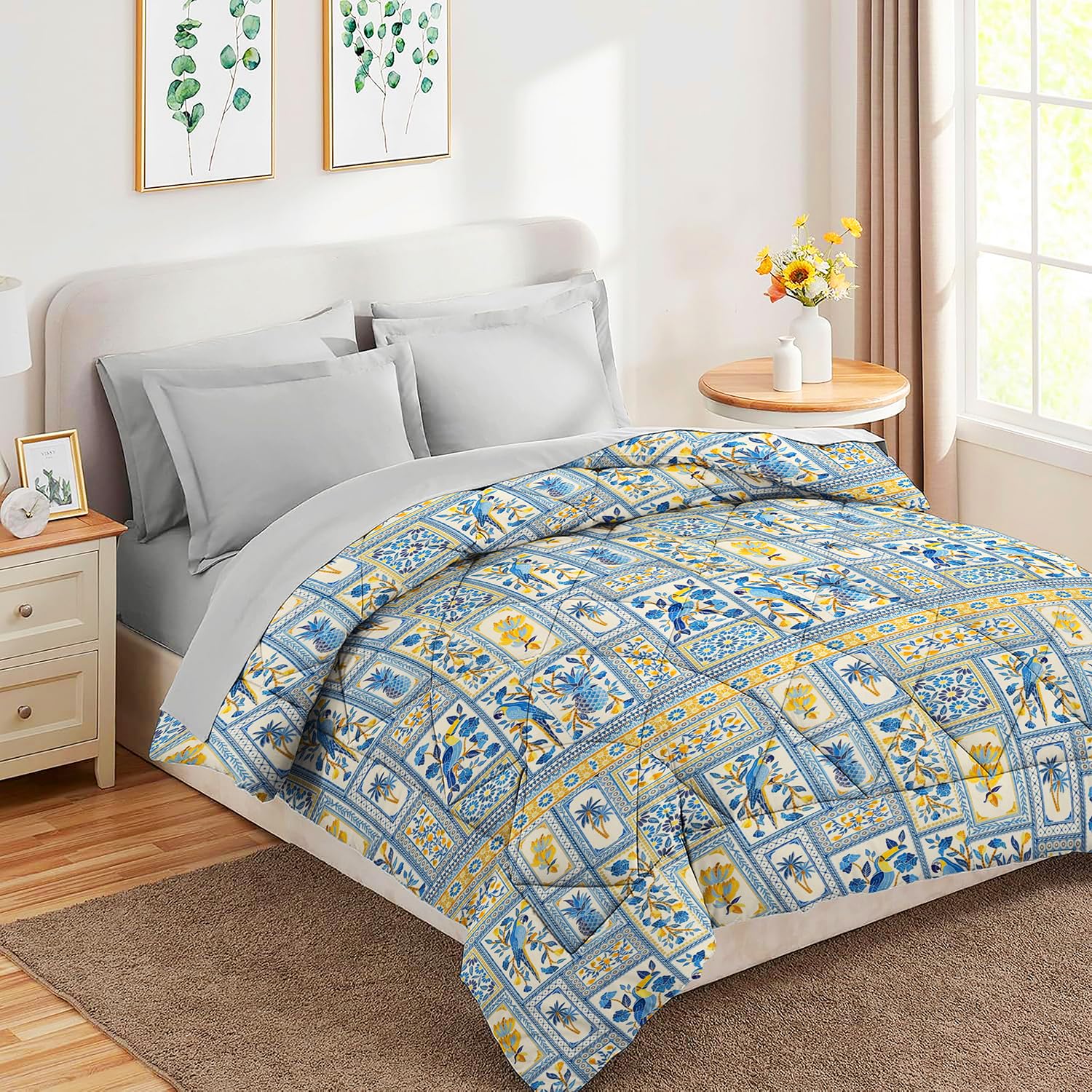 Cotton King Size Double Bedsheet 1 AC Comforter & 2 Pillow Covers | 90 X 100 Inches, Beige & Blue - Perfect Gift Set Wedding, Anniversary