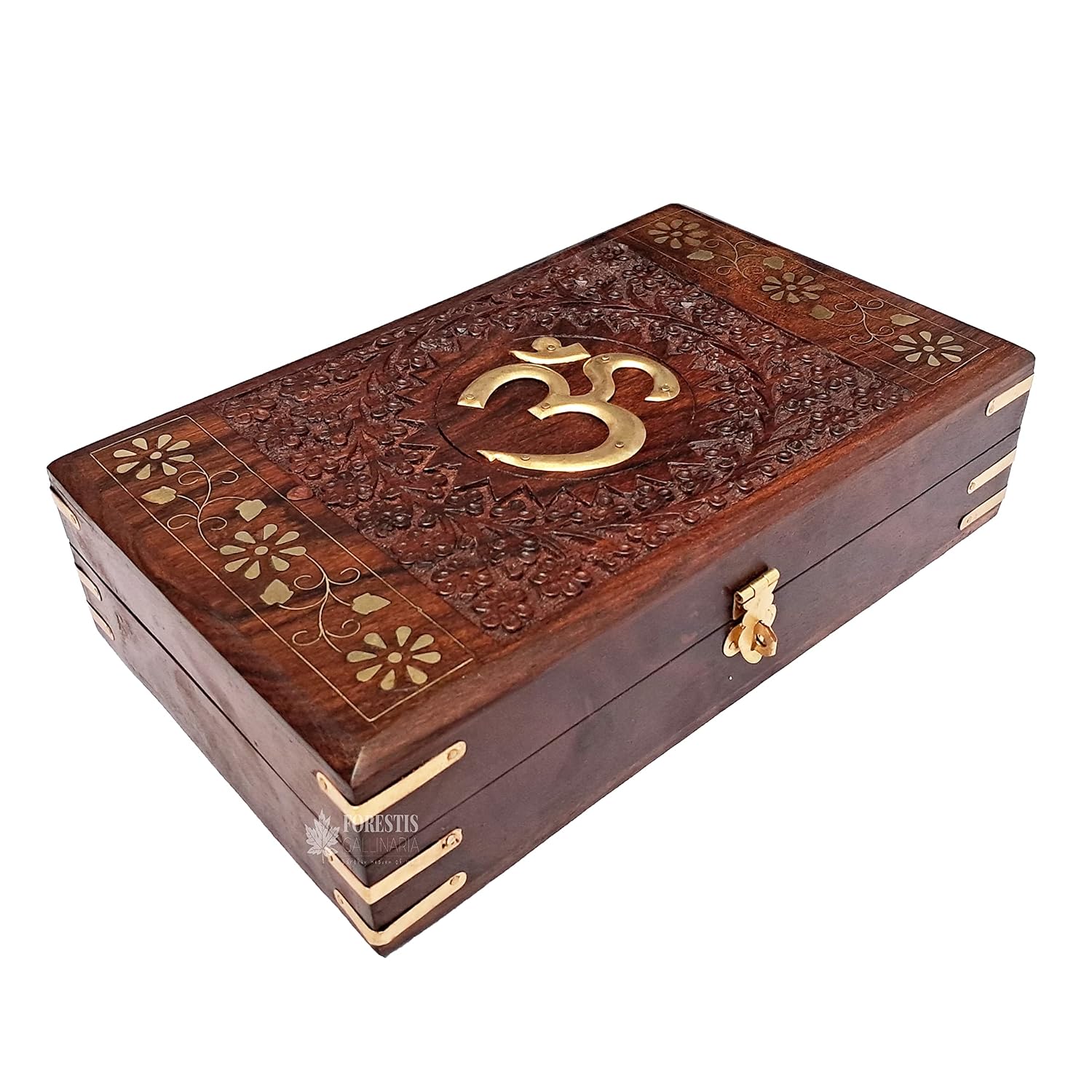 Exquisitely Hand Brass - Filled Wooden Om Box For Good Luck | Jewellery Box, Handmade Decorative Case, Kit 10 X 6 Inches, Om, Colour - Brown