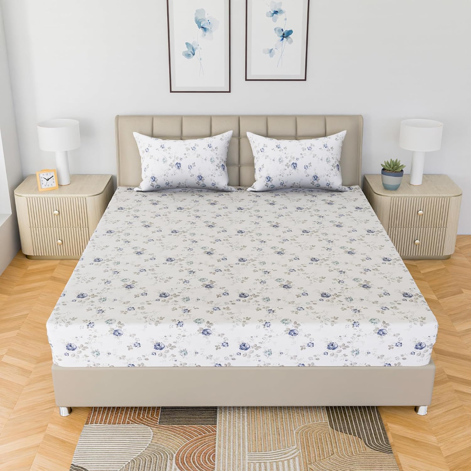 Luxury Bedsheet Queen Size With 2 Pillow Cover - 60 X 78 Inches, White & Blue | Printed All Around Elastic Fitted Bedsheet | Durable & Fade-Resistant