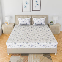 Luxury Bedsheet Queen Size With 2 Pillow Cover - 60 X 78 Inches, White & Blue | Printed All Around Elastic Fitted Bedsheet | Durable & Fade-Resistant