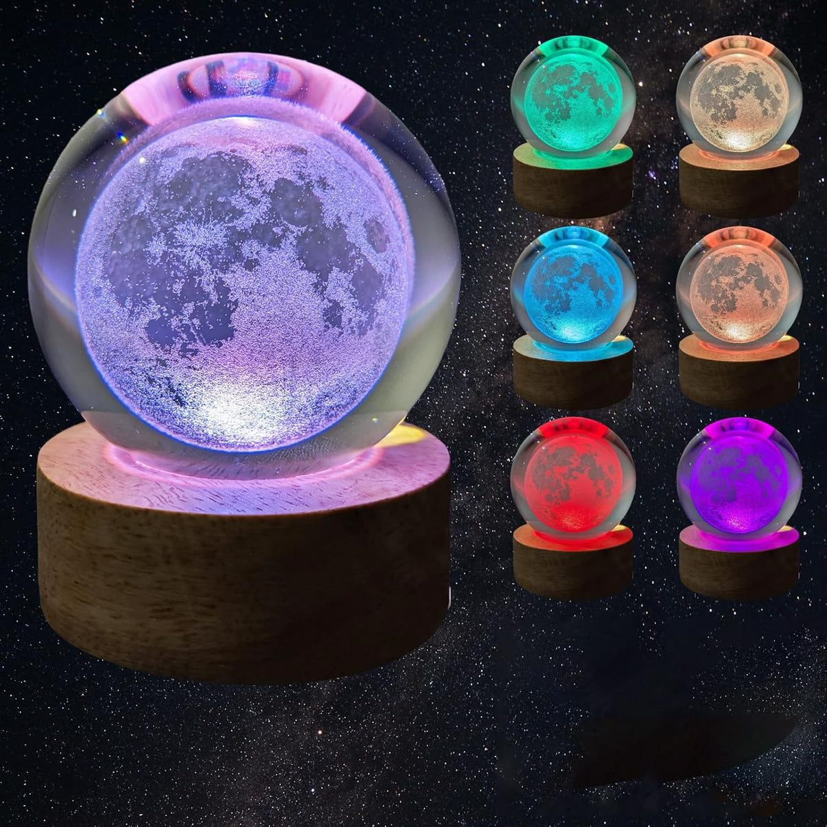 Led Night Light Galaxy Crystal Ball Table Lamp For Kids Room Study Room, 3D Galaxy Crystal Ball Night Light For Bedroom, USB Led Night Light, 2.4 Inch With Wooden Base, Pack Of 1