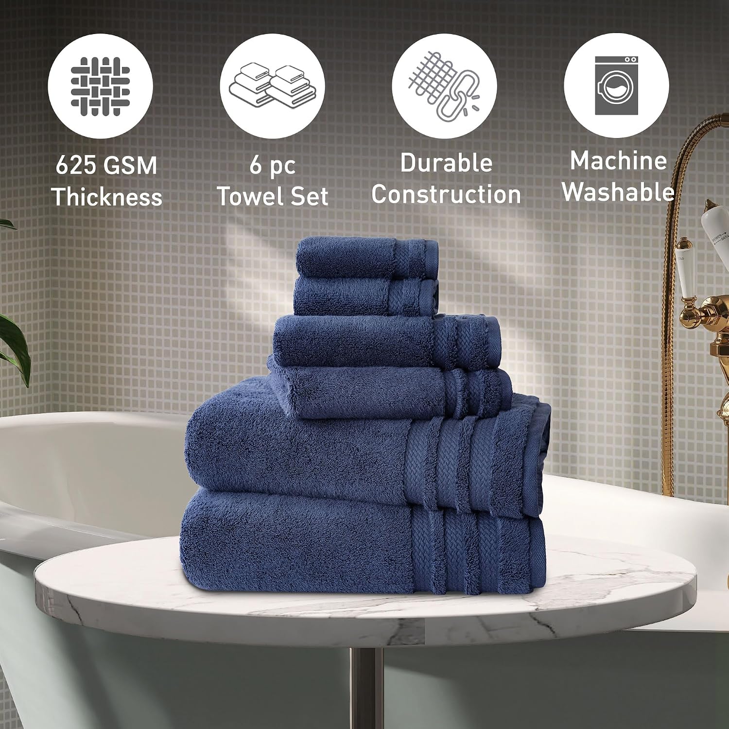 Mytrident Finesse 100% Cotton 2 Bath + 2 Hand & 2 Face Towels 1800 Gsm (Navy) -6 Piece