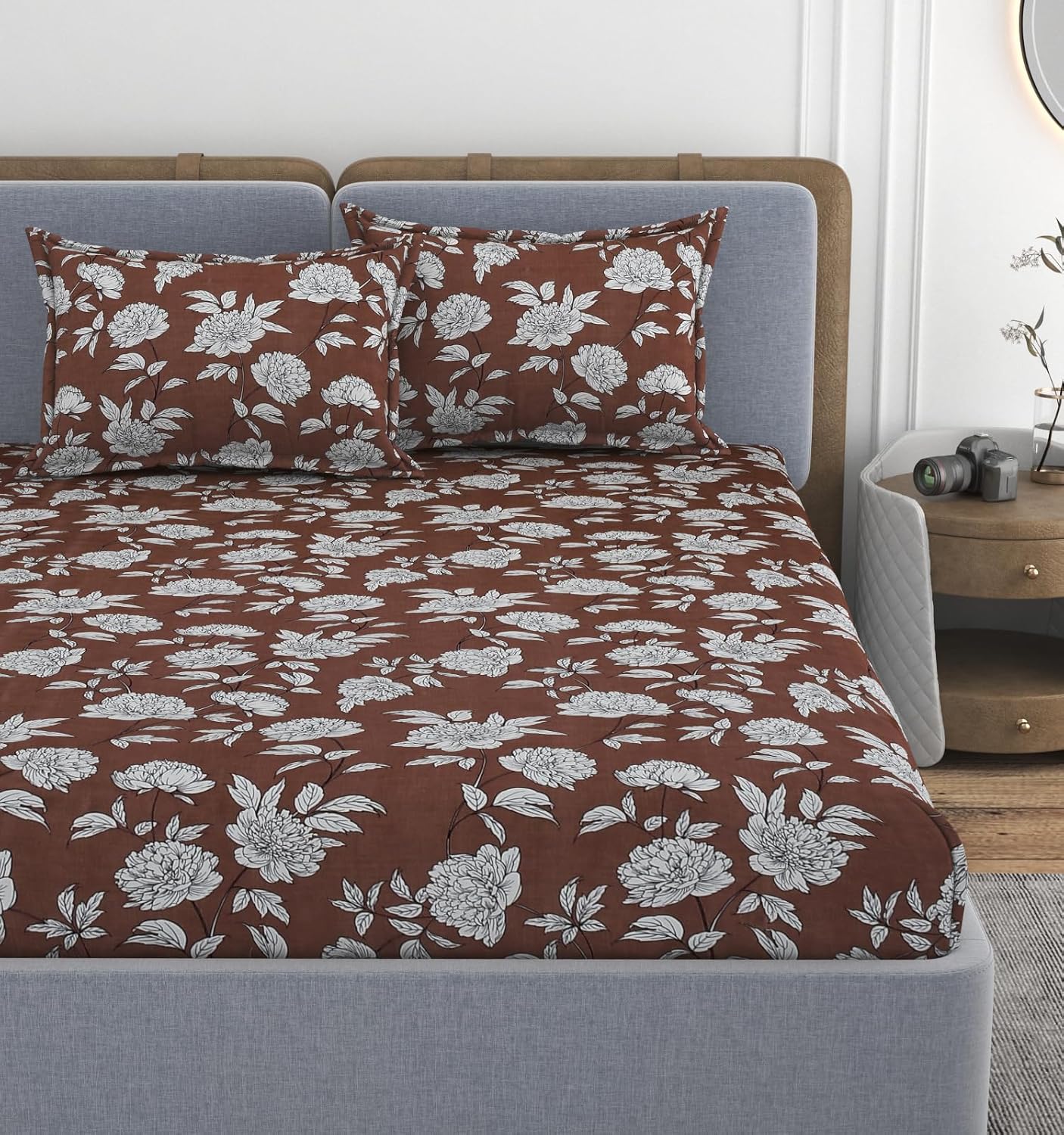Queen Size Double Bedsheets With 2 Pillow Cover - Size 60 X 78 X 10 Inches, Brown | All Around Elastic Fitted - Lightweight, Soft & Comfortable