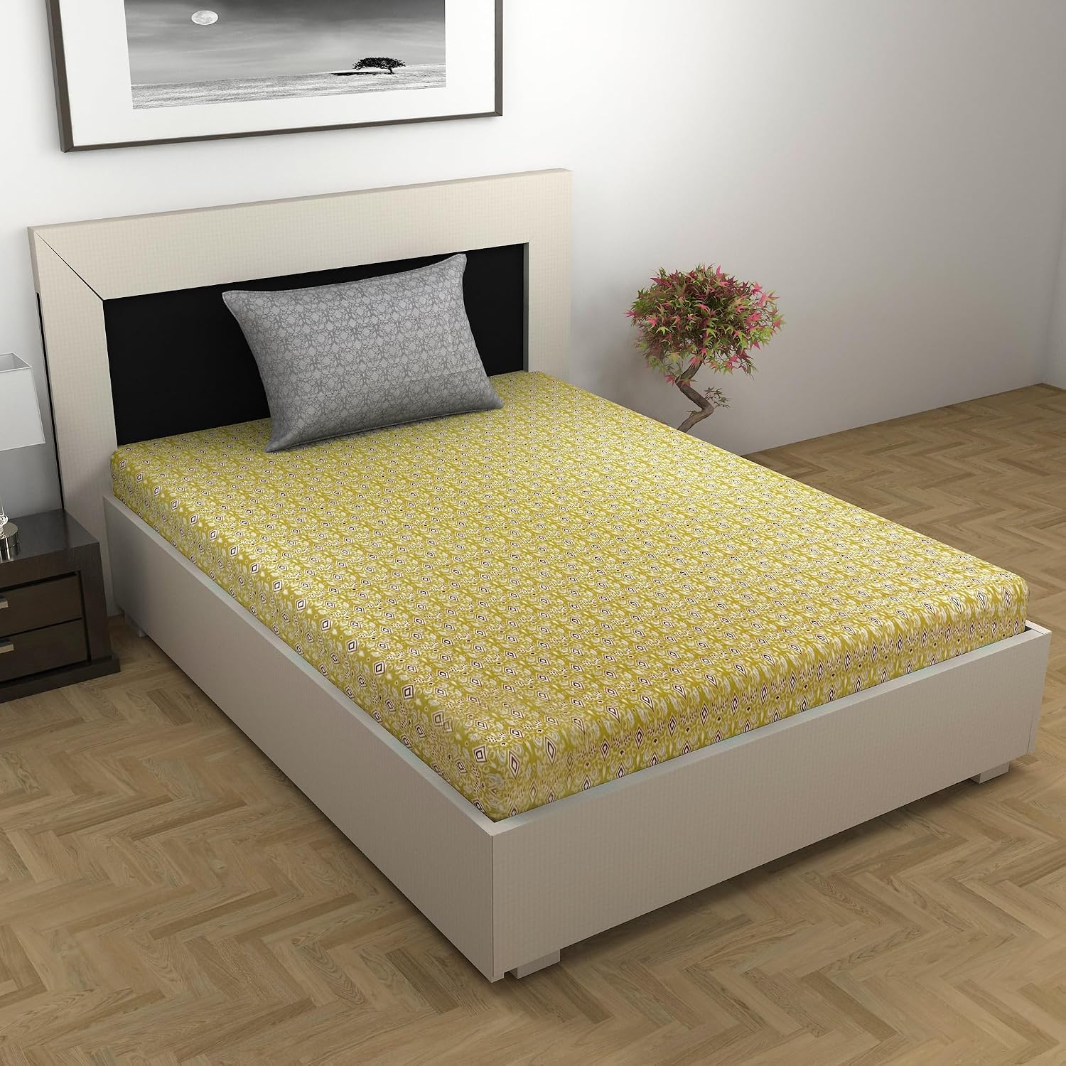 100% Cotton Single Bedsheet With 1 Matching Pillow Covers - 57 X 87 Inches, Grey & Green | All Weather Comfort & Bedroom - Softness & Natural Breathability