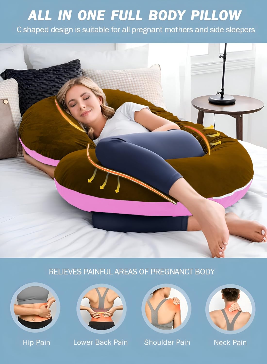 C Shaped Pillow, Pregnancy Pillow For Maternity & Baby Nursing - Pink & Brown | Pregnant Women Stomach, Spine, Neck Support, Velvet Outer Cover With Zip, Breathable, Foldable, Adjustable