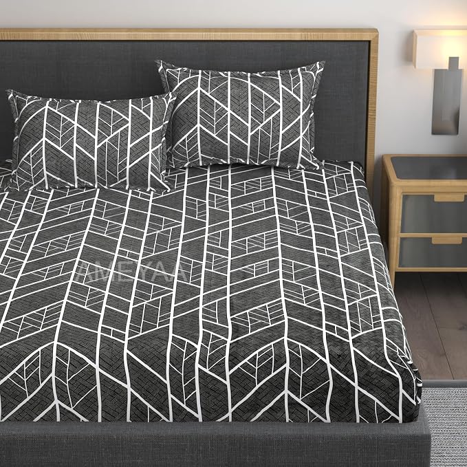 Premium Feel Cotton Bedsheets All Around Elastic Fitted For Double Bedsheet - Size 60 X 78 Inches, Black | Beautiful Print & Luxury Look Bedsheet