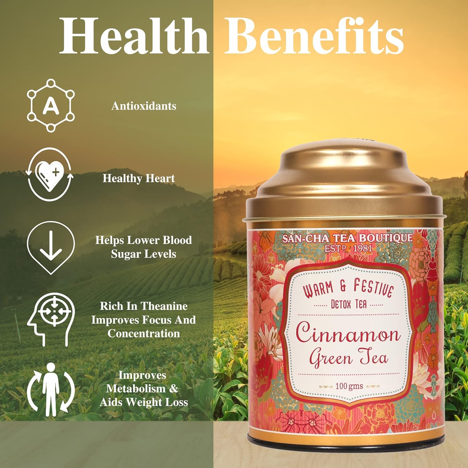 San-Cha Cinnamon Green Tea - 100gm, 3.5 Ounce | Warm & Festive Detox Tea - Environment Friendly & Made In Corn Fiber | Low Caffeine