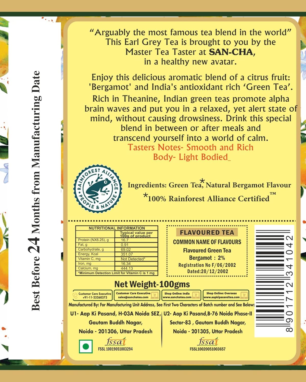 San-Cha Earl Grey Green Tea - 100gm, 3.5 Ounce | Rich In Active Antioxidants & Fresh Citrus - Environment Friendly & Made In Corn Fiber | Low Caffeine