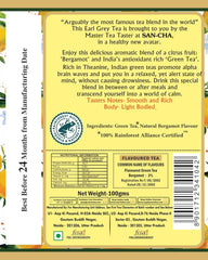 San-Cha Earl Grey Green Tea - 100gm, 3.5 Ounce | Rich In Active Antioxidants & Fresh Citrus - Environment Friendly & Made In Corn Fiber | Low Caffeine