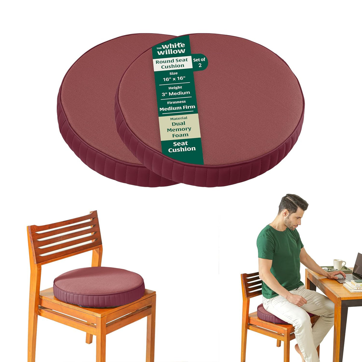 Round Chair Cushions For Sitting, Orthopedic Memory Foam Pillow, Berry - 16 L X 16 W X 3 H Inch | Seat Cushions For Office, Car, Home & Floor Cushion | Versatile Seat Pad - Pack Of 2