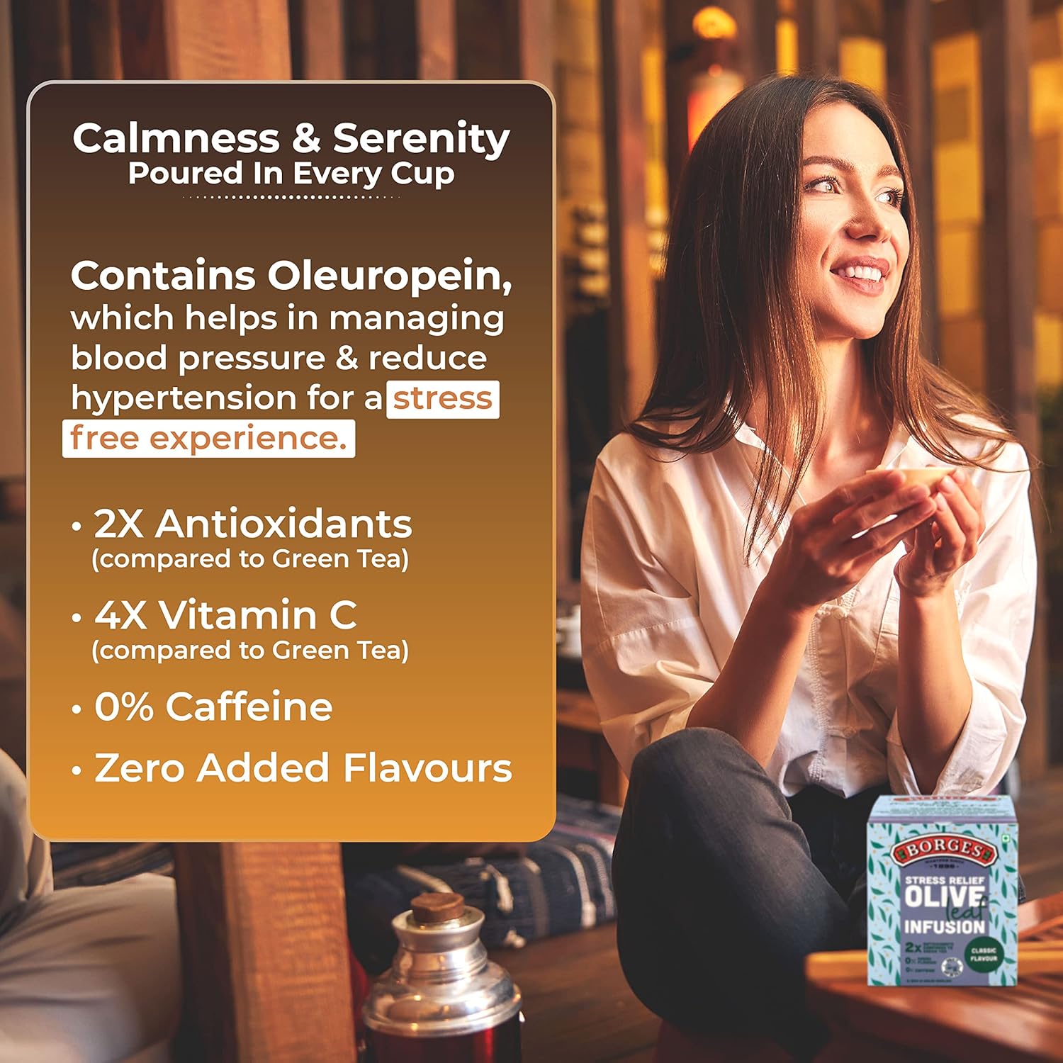 Borges Stress Relief Olive Leaf Infusion Classic Flavor Tea - 10 Bags In Sealed Envelope | 2X Antioxidants Than Green Tea - Caffeine Free, No Added Flavor