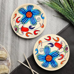 Hand Painted Ceramic Floral Round Pasta Serving Plates Set Of 2 - 8.5 Inches, Off White & Multicolor | Soup Plates - Ceramic Maggi Plates