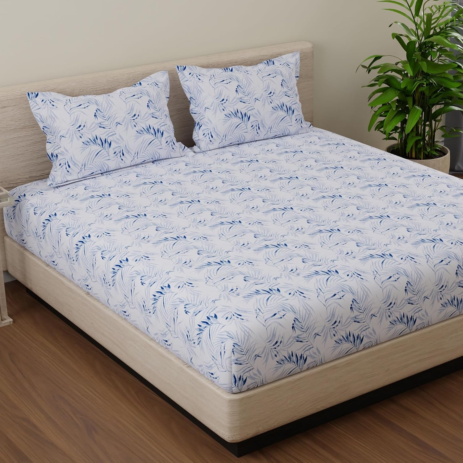 Flat Double Bedsheet With 2 Pillow Covers | Queen Size - 88 X 96 Inches, Blue & White | Durable & Long Lasting Bedsheet