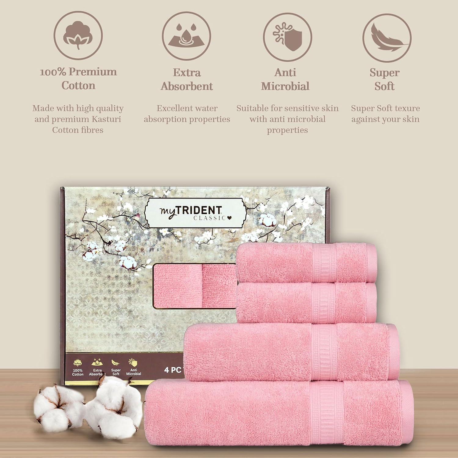 Mytrident Classic Kasturi Collection 1 Bath + 1 Small Bath & 2 Hand Towels 1200 Gsm | Highly Absorbent Towels For Bath - Victorian Pink (Set Of 4)