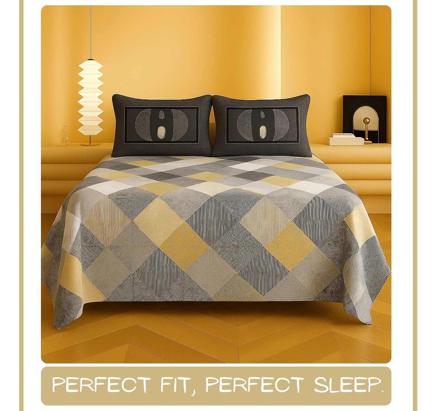 1 Double Bedsheet With Two Pillow Covers - 90 X 94 Inches, Grey & Mustard | 300 Thread Count Super Soft Bed Sheet For King Size Bed Geometric Pattern