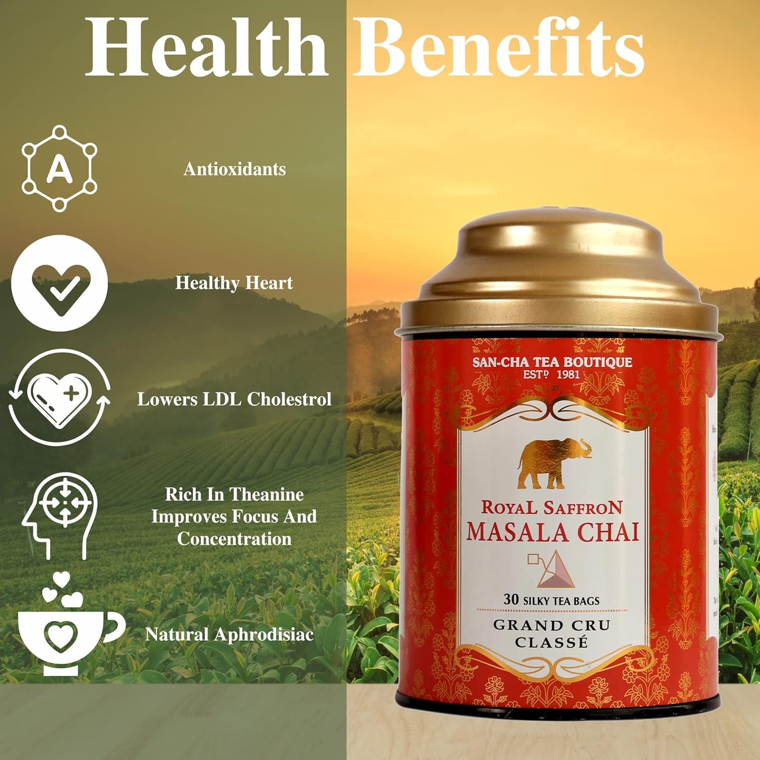 San-Cha Tea Boutique Royal Saffron Masala Chai - 60gm, 2.1 Ounce, 30 Silky Pyramid Tea Bags | Blend Of Real Kashmir Saffron With Cardamom - Ginger & Cinnamon Kesar Chai | Medium Caffeine