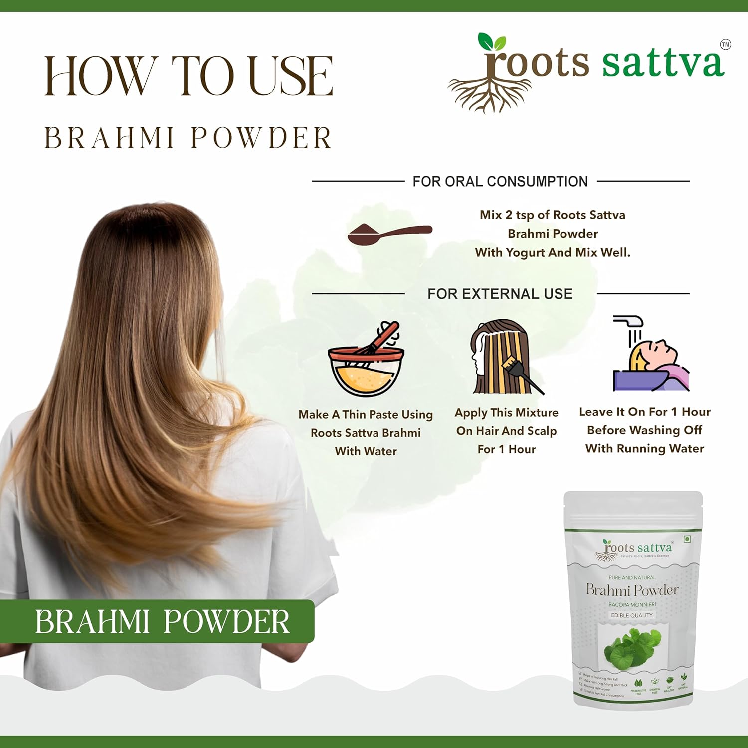 Roots Sattva Natural Elecious Brahmi Powder Triple Filtered Microfine, For Hair Packs & Eating | 200gm 0.4lbs