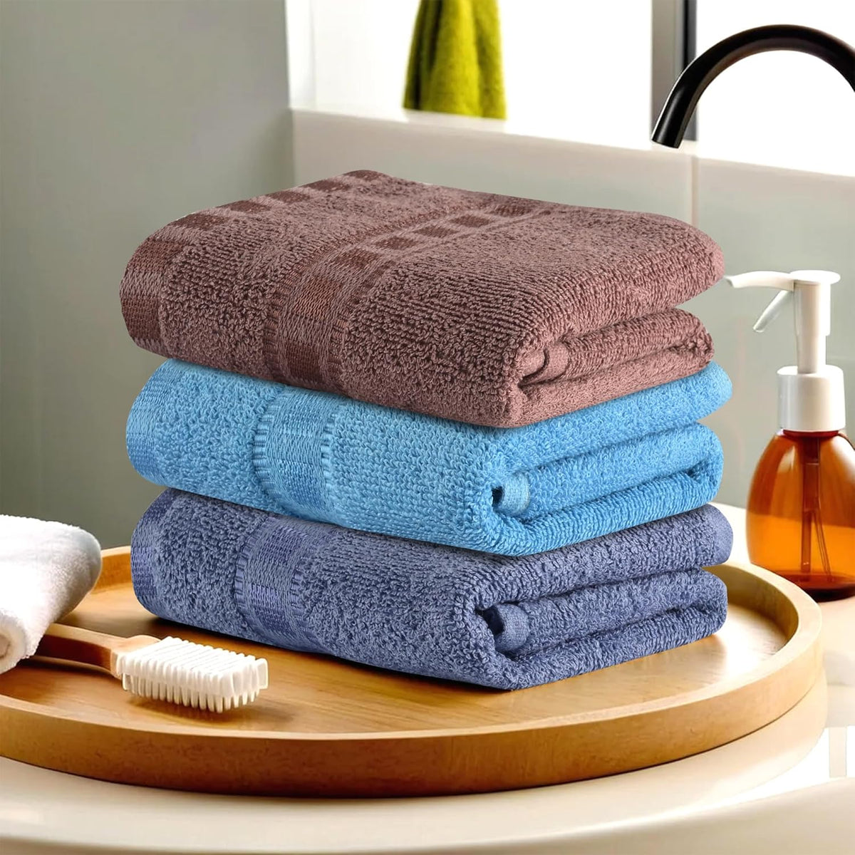 Kuber Industries Cotton Hand/Face Towels For Men & Women 600 Gsm | Easily Washable Workout Gym Napkins For Men - Dark-Sky Blue & Brown (Pack Of 3)