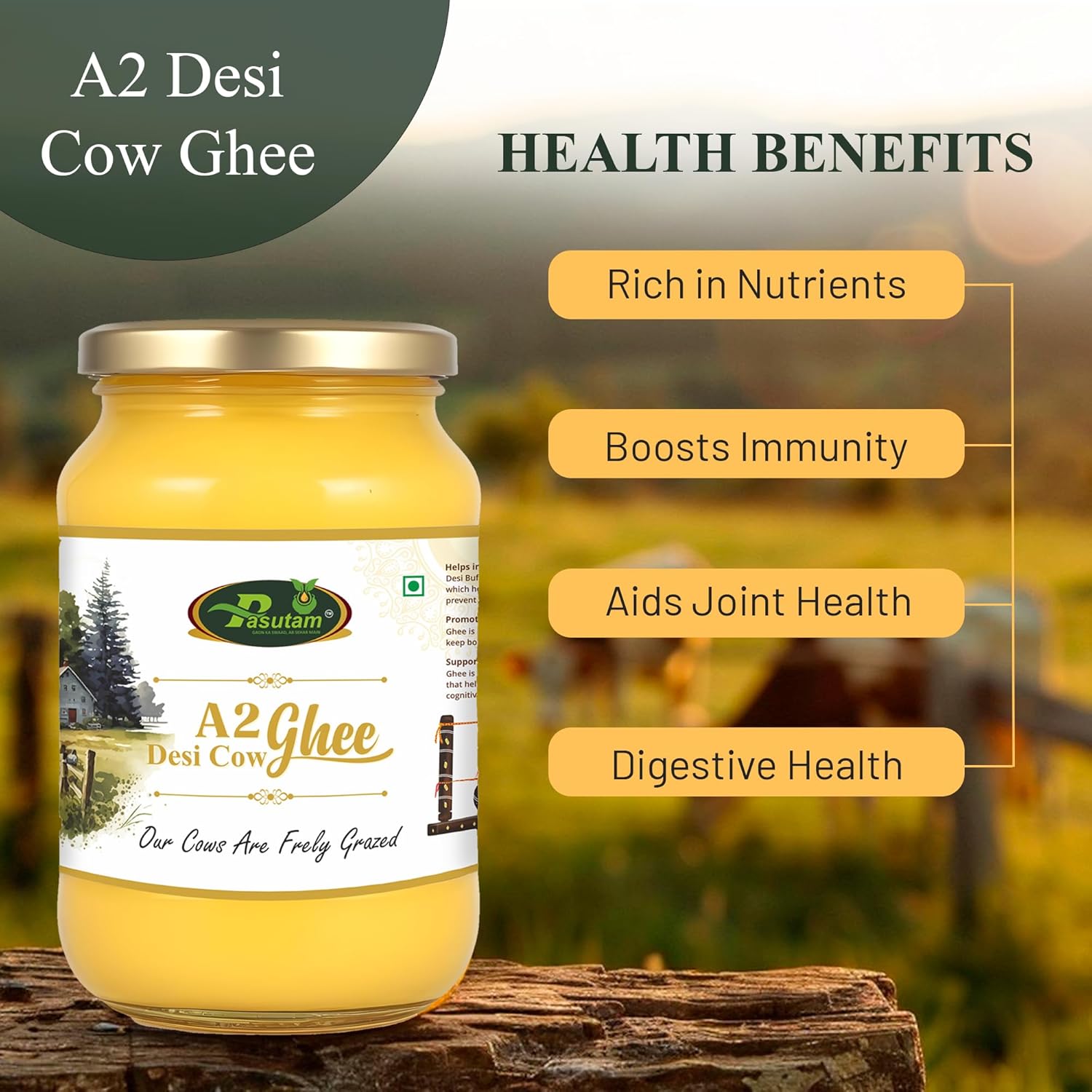 Organic Natural A2 Desi Cow Ghee By Pasutam | Natural & Healthy Desi Cow Ghee Perfect For Bakes Cookies | (500ml) 16.9 Ounce | Jar Pack