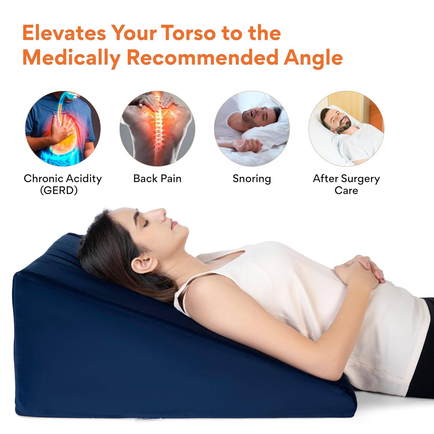 Wedge Pillow Memory Foam For Back Support, Navy Blue, Large Size - 11 Inch | Wedge Cushion, Acid Reflux, Snoring, Leg Elevation, Pregnancy, Removable Velvet Cover - Multipurpose Pillow