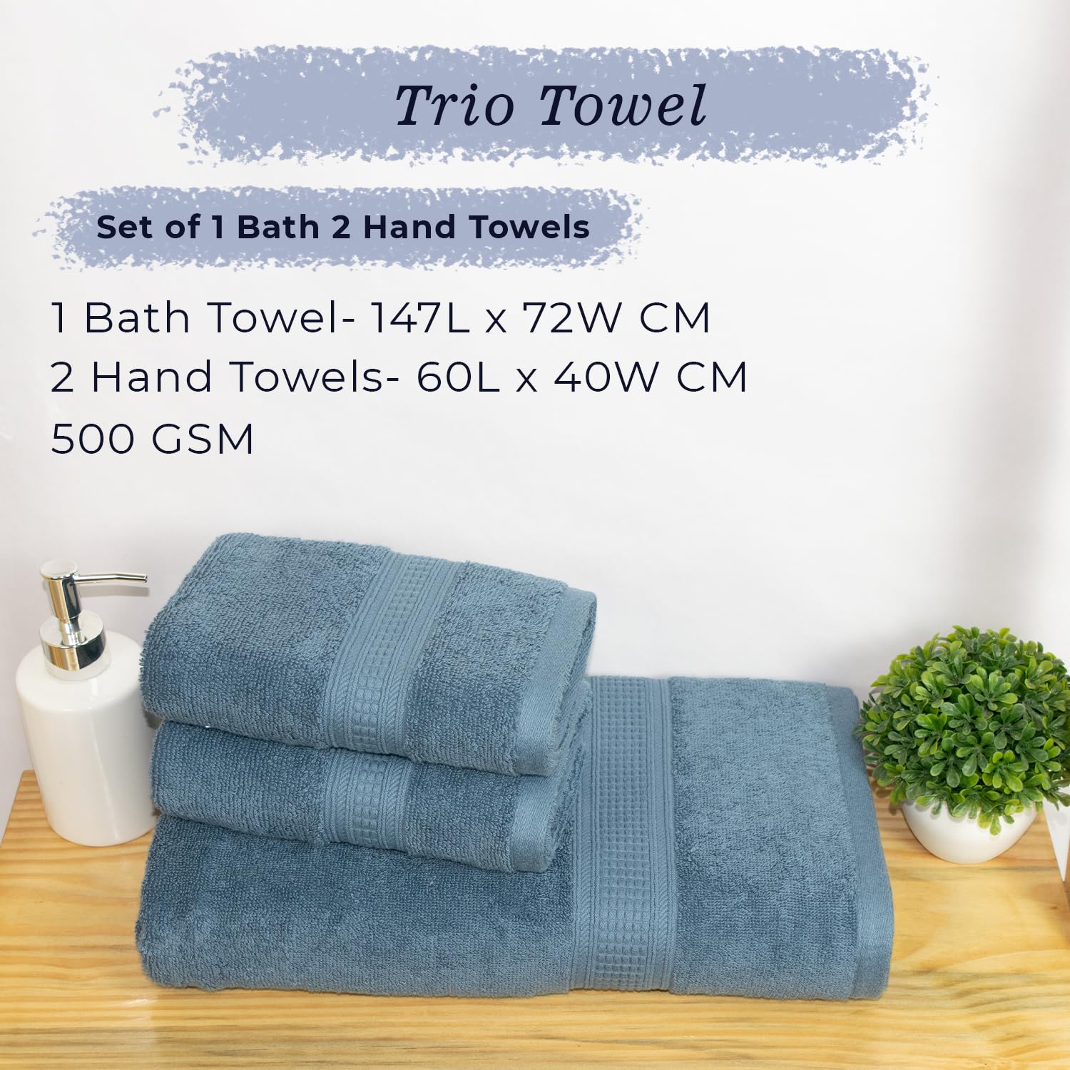 Rangoli 100% Cotton Fibre 1 Bath & 2 Hand Towel 900 Gsm | Highly Durable & Super Absorbent Towel | Skin-Friendly & Quick Drying Luxury Towels (Blue) - Pack Of 3