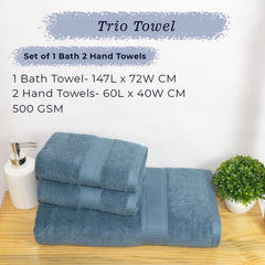 Rangoli 100% Cotton Fibre 1 Bath & 2 Hand Towel 900 Gsm | Highly Durable & Super Absorbent Towel | Skin-Friendly & Quick Drying Luxury Towels (Blue) - Pack Of 3