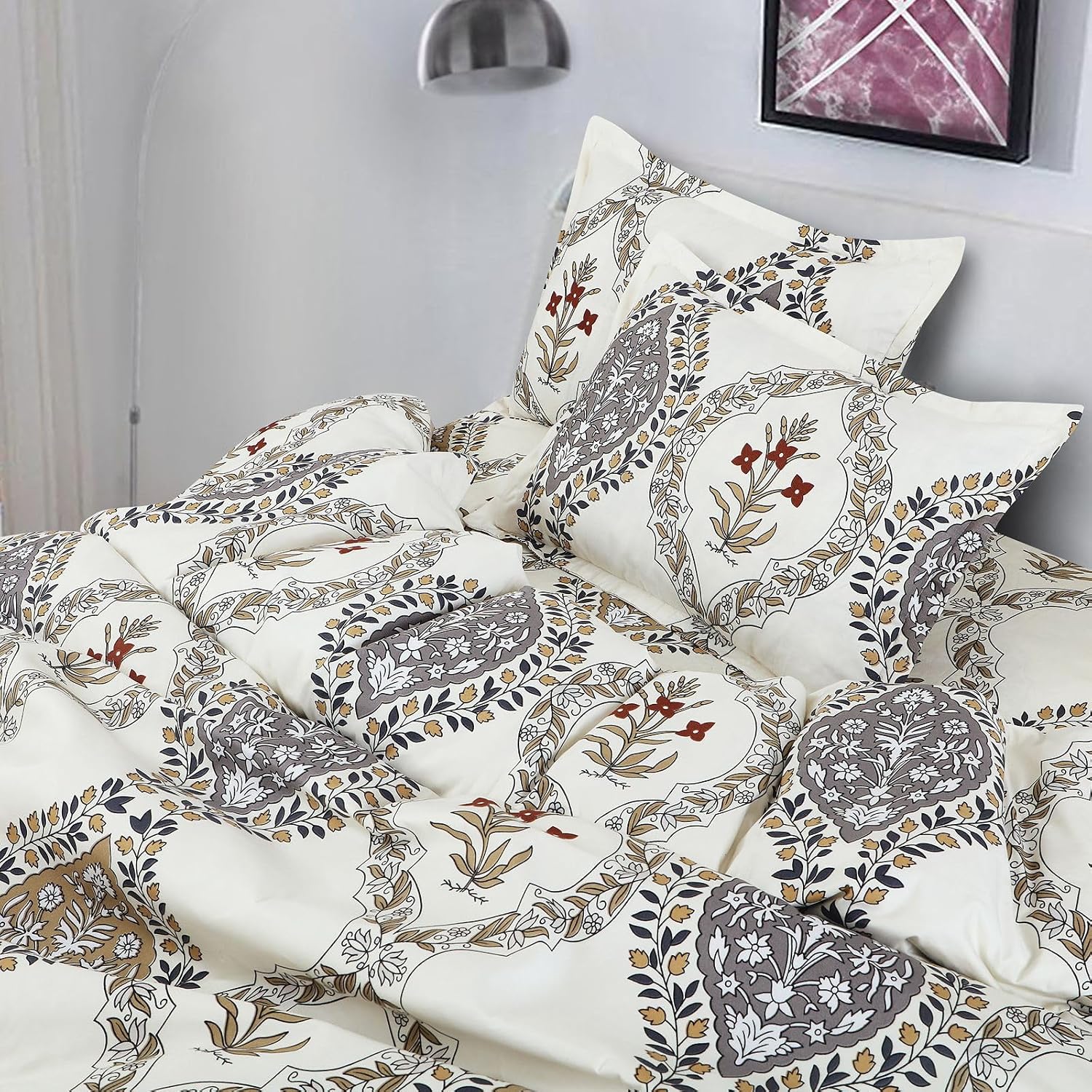 Cotton Elastic Fitted Printed Queen Size Double Bed Bedsheet With 2 Pillow Cover | 60 X 78 Inches, Cream - Soft Touch, Wrinkle Resistant, Skin Friendly